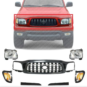 Front Grille Primed Shell & Insert + Headlights + Fillers + Corner Lamps Left Driver And Right Passenger Side Direct Replacement Compatible With 2001-2004 Toyota Tacoma