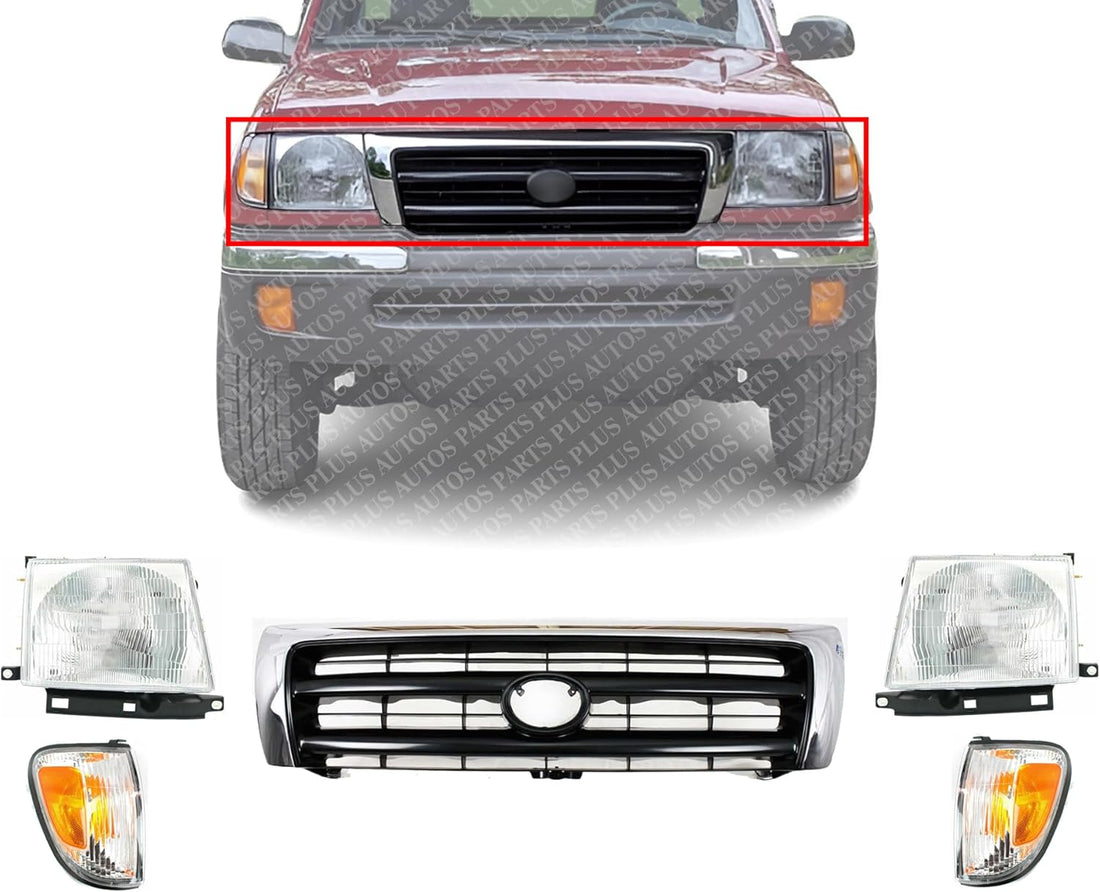 Front Grille Chrome Shell And Primed Insert + Corner Lights + Headlights Assembly Left Driver & Right Passenger Side Direct Replacement Compatible With 1998-2000 Toyota Tacoma