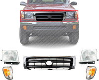 Front Grille Chrome Shell And Primed Insert + Corner Lights + Headlights Assembly Left Driver & Right Passenger Side Direct Replacement Compatible With 1998-2000 Toyota Tacoma