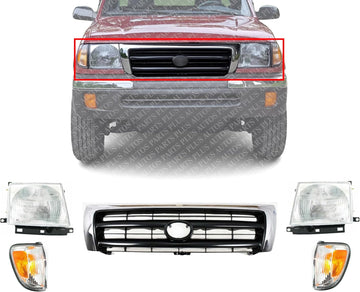Front Grille Chrome Shell And Primed Insert + Corner Lights + Headlights Assembly Left Driver & Right Passenger Side Direct Replacement Compatible With 1998-2000 Toyota Tacoma