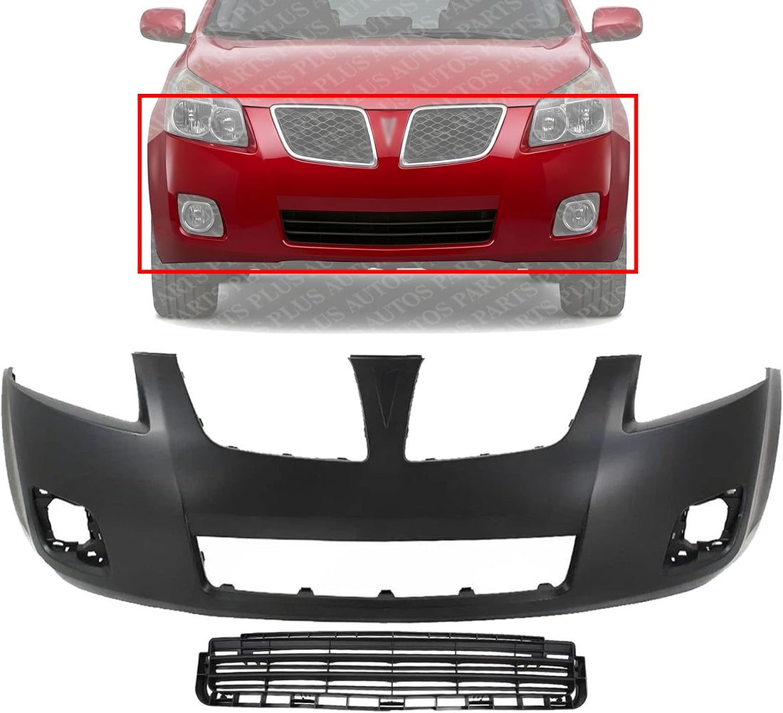 Front Bumper Cover Primed Plastic + Lower Center Grille Replacement Compatible With 2009-2010 Pontiac Vibe