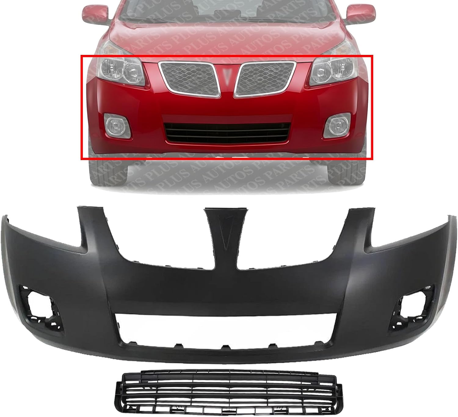 Front Bumper Cover Primed Plastic + Lower Center Grille Replacement Compatible With 2009-2010 Pontiac Vibe