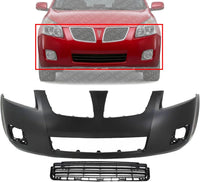 Front Bumper Cover Primed Plastic + Lower Center Grille Replacement Compatible With 2009-2010 Pontiac Vibe