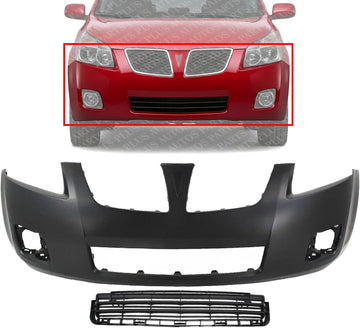 Front Bumper Cover Primed Plastic + Lower Center Grille Replacement Compatible With 2009-2010 Pontiac Vibe