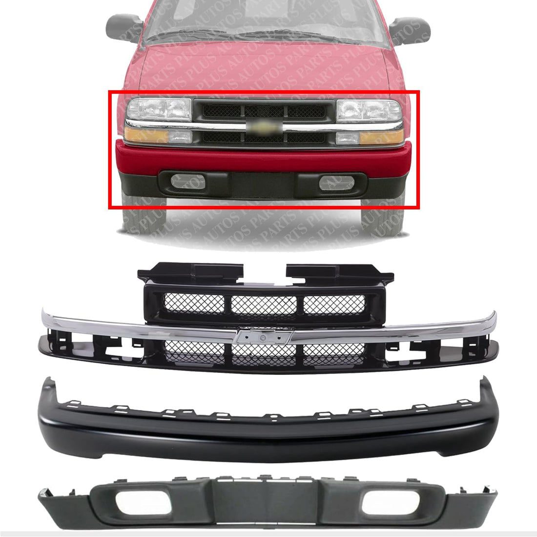 Front Grille + Bumper Primed Steel + Lower Valance Air Deflector Textured Direct Replacement Compatible With 1998-2004 Chevrolet S10 GM1002367 GM1200419 GM1092164 15007660 15048519