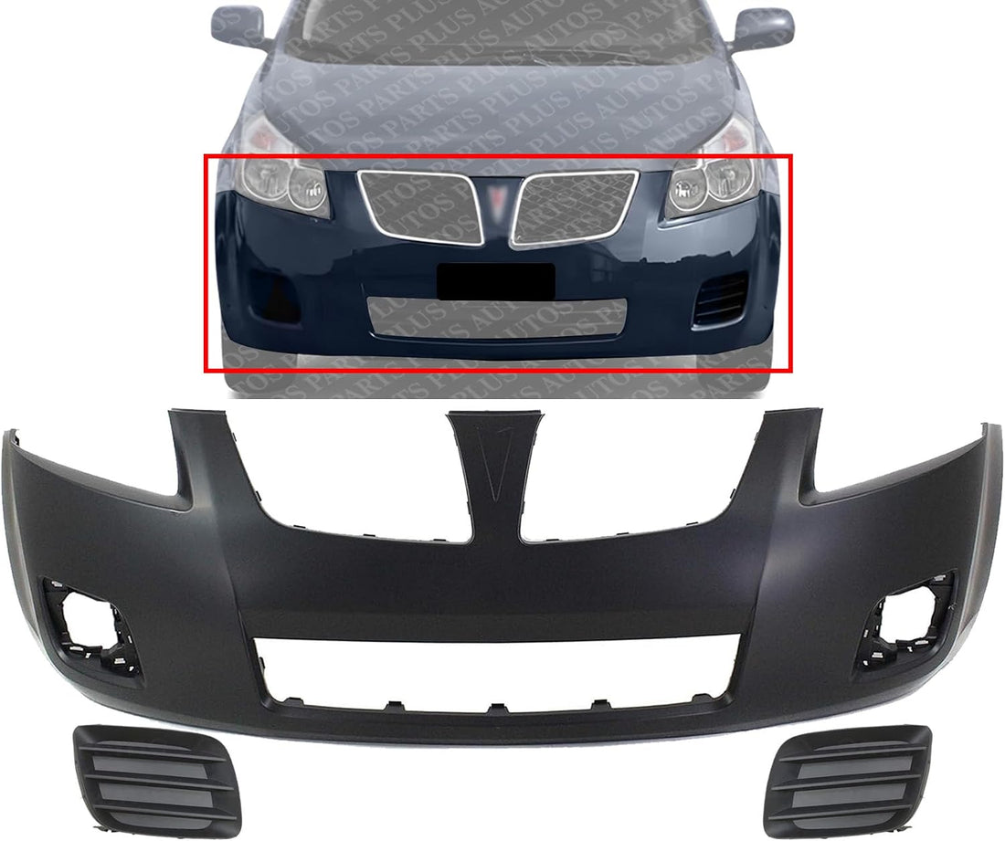 Front Bumper Cover Primed Plastic + Fog Light Cover Left Driver & Right Passenger Side Direct Replacement Compatible With 2009-2010 Pontiac Vibe