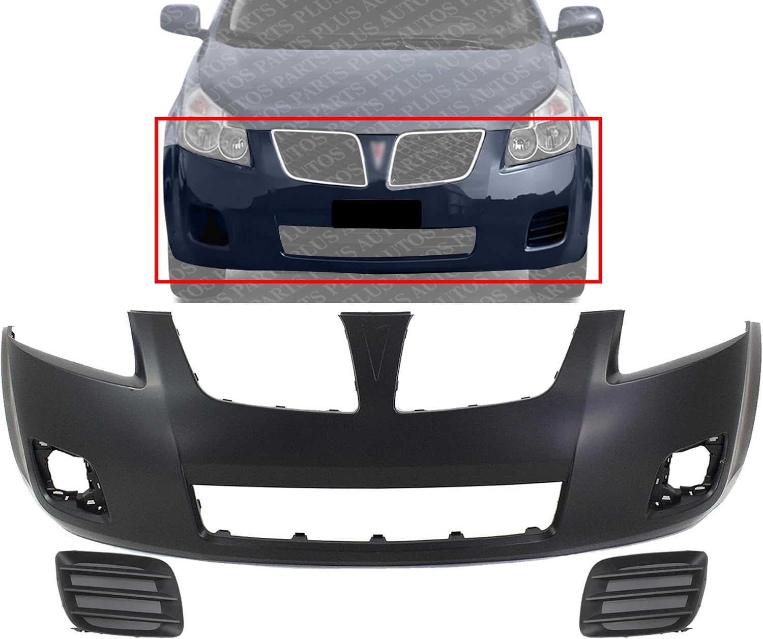 Front Bumper Cover Primed Plastic + Fog Light Cover Left Driver & Right Passenger Side Direct Replacement Compatible With 2009-2010 Pontiac Vibe