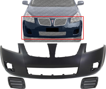 Front Bumper Cover Primed Plastic + Fog Light Cover Left Driver & Right Passenger Side Direct Replacement Compatible With 2009-2010 Pontiac Vibe