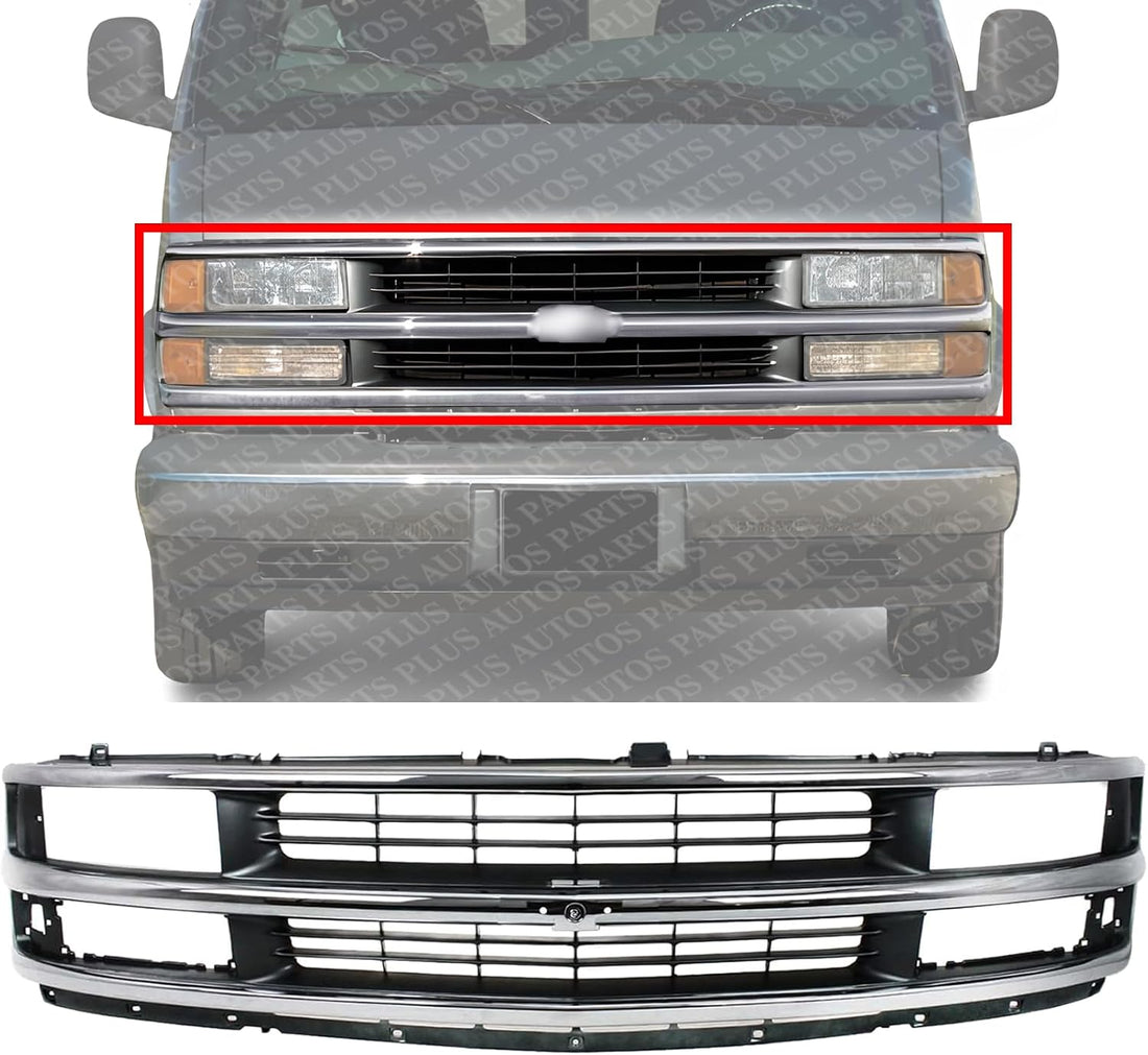 Front Grille Assembly Chrome Shell & Painted Gray Insert With Dual Headlight Holes Direct Replacement Compatible With 1996-2002 Chevrolet Express 1500 2500 3500 GM1200382 15037242