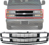 Front Grille Assembly Chrome Shell & Painted Gray Insert With Dual Headlight Holes Direct Replacement Compatible With 1996-2002 Chevrolet Express 1500 2500 3500 GM1200382 15037242