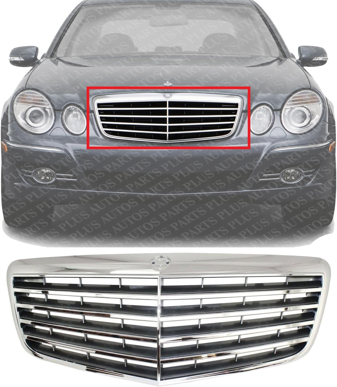 Front Grille Assembly Chrome Shell With Painted Gray Insert Plastic Direct Replacement Compatible With 2007-2009 Mercedes Benz E-Class MB1200147 21188017837246