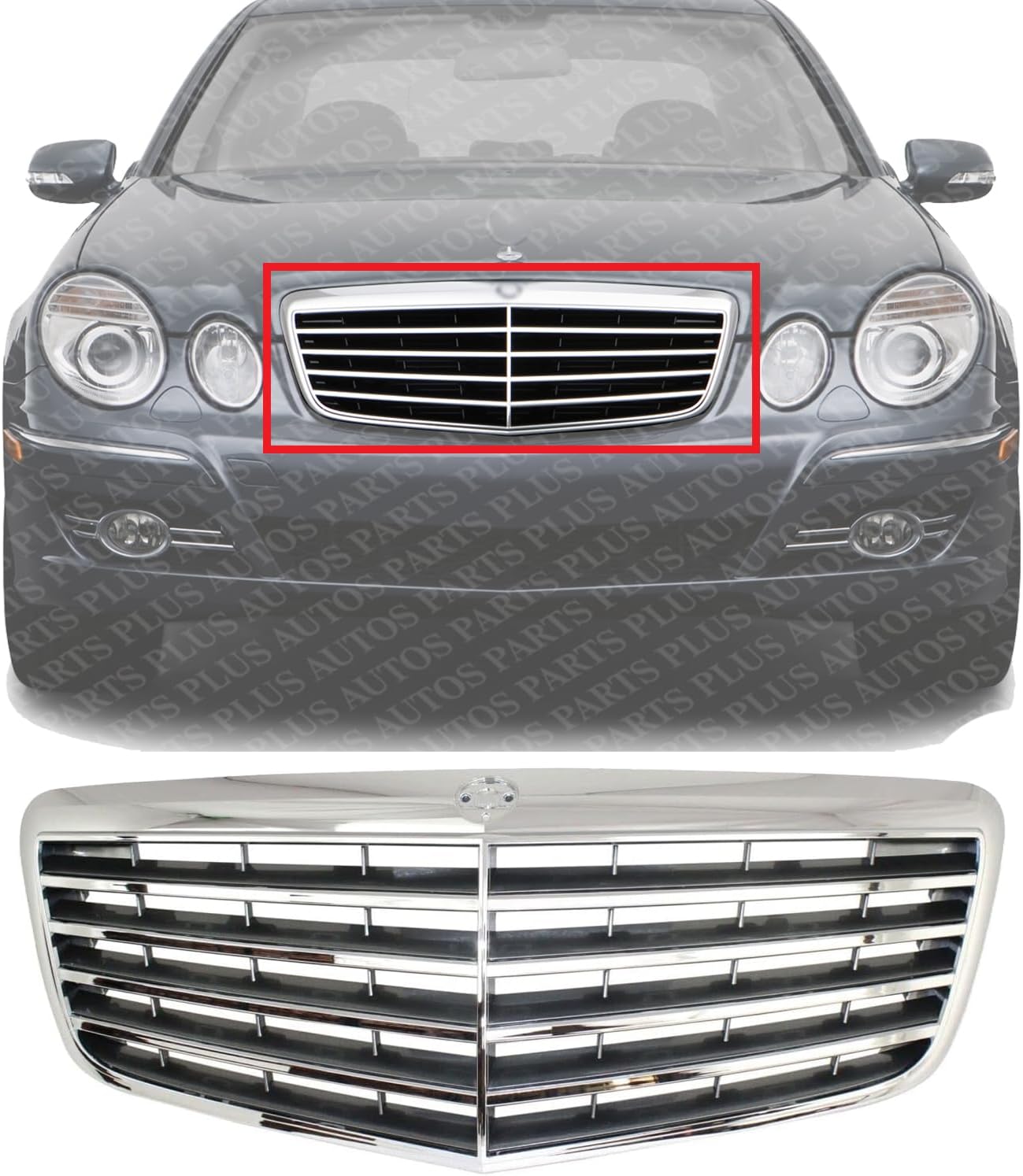 Front Grille Assembly Chrome Shell With Painted Gray Insert Plastic Direct Replacement Compatible With 2007-2009 Mercedes Benz E-Class MB1200147 21188017837246