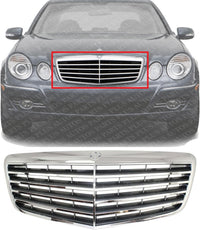 Front Grille Assembly Chrome Shell With Painted Gray Insert Plastic Direct Replacement Compatible With 2007-2009 Mercedes Benz E-Class MB1200147 21188017837246