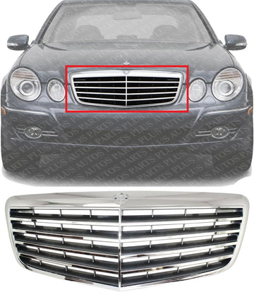 Front Grille Assembly Chrome Shell With Painted Gray Insert Plastic Direct Replacement Compatible With 2007-2009 Mercedes Benz E-Class MB1200147 21188017837246