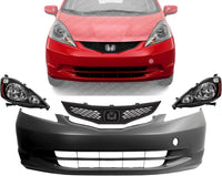Front Bumper Cover Primed Plastic + Grille Textured + Headlights Left Driver & Right Passenger Side Direct Replacement Compatible With 2009-2014 Honda