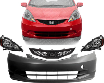 Front Bumper Cover Primed Plastic + Grille Textured + Headlights Left Driver & Right Passenger Side Direct Replacement Compatible With 2009-2014 Honda