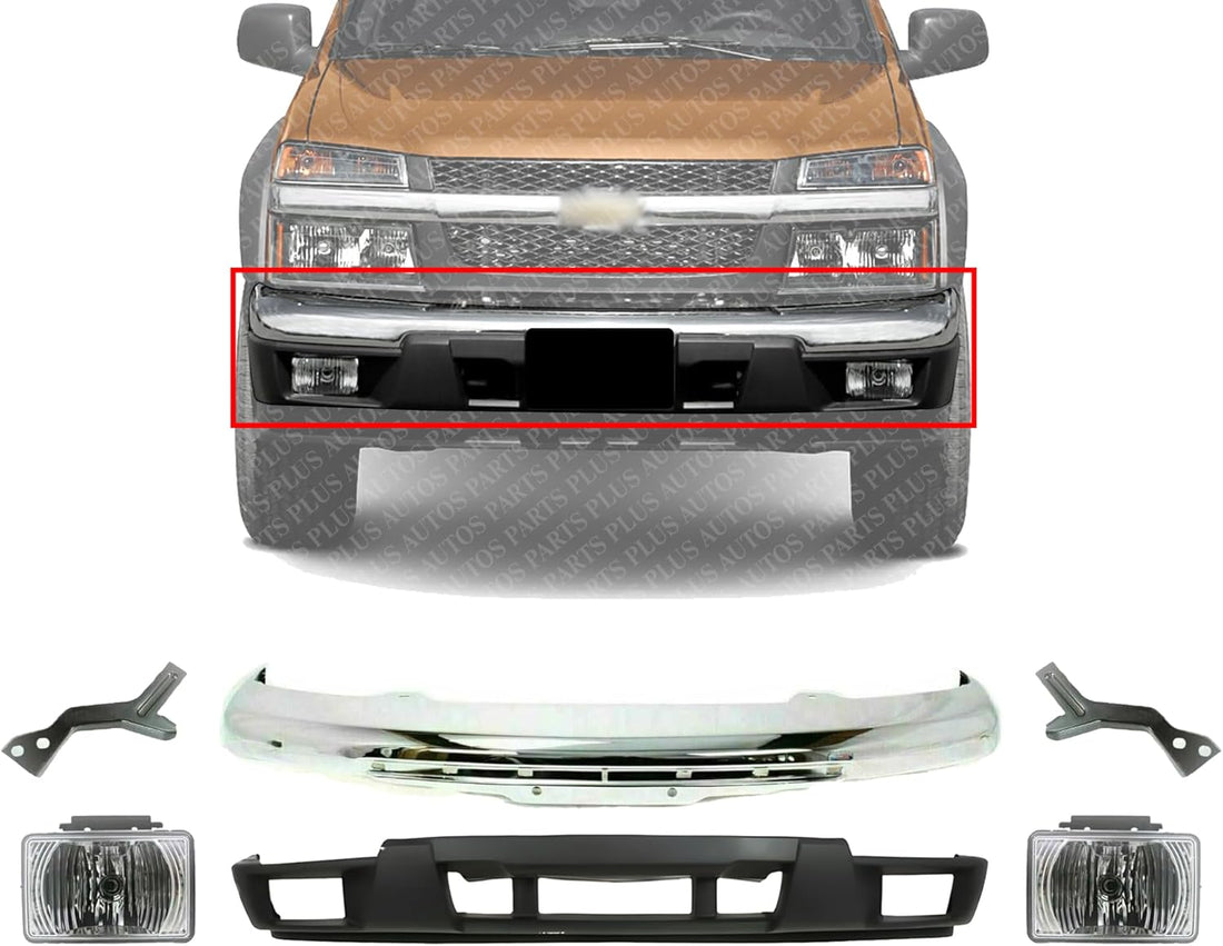 AUTOS PARTS PLUS Front Bumper Chrome With Brackets + Lower Valance Textured + Fog Light Right Passenger & Left Driver Side Direct Replacement Compatible With 2004-2012 Chevrolet Colorado/GMC Canyon