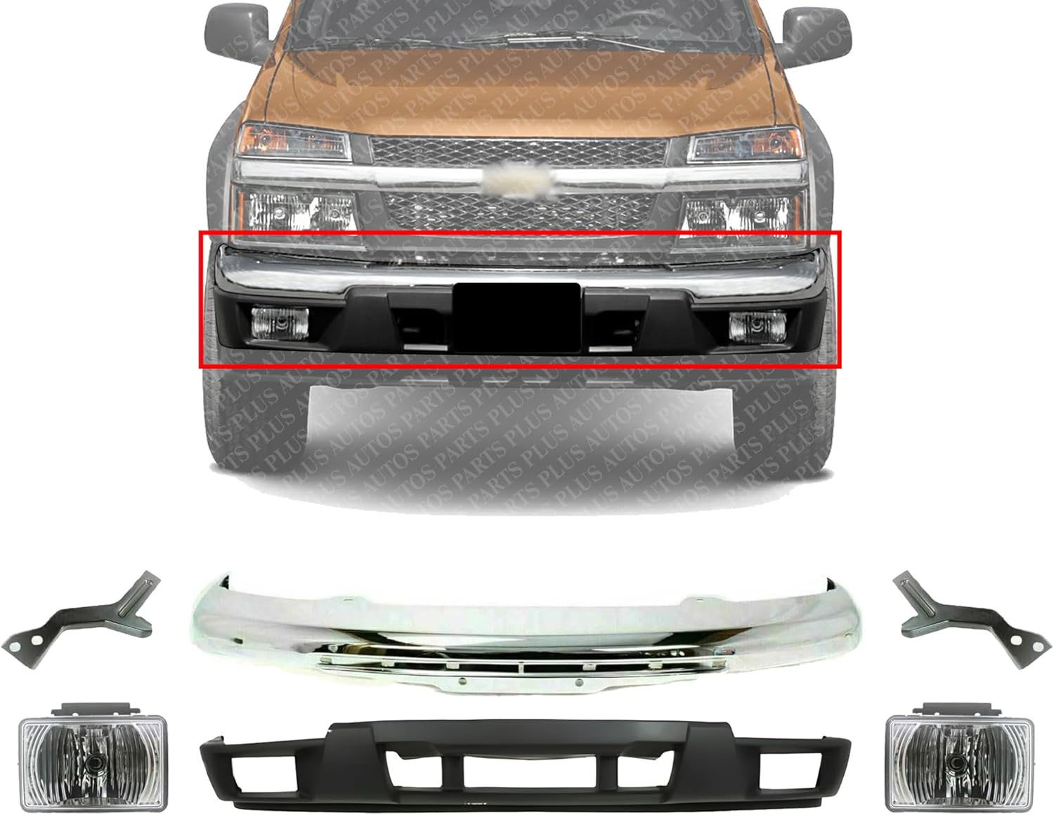 AUTOS PARTS PLUS Front Bumper Chrome With Brackets + Lower Valance Textured + Fog Light Right Passenger & Left Driver Side Direct Replacement Compatible With 2004-2012 Chevrolet Colorado/GMC Canyon