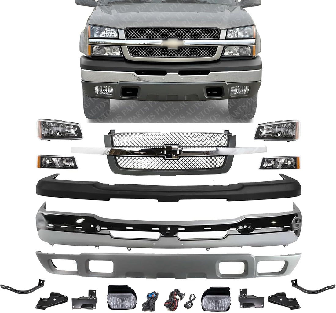 Front Bumper Chrome + Grille + Upper Cover + Lower Valance Textured + Brackets + Headlights + Fog Lamps Left & Right Direct Replacement Compatible With 2003-2006 Chevy Silverado 1500