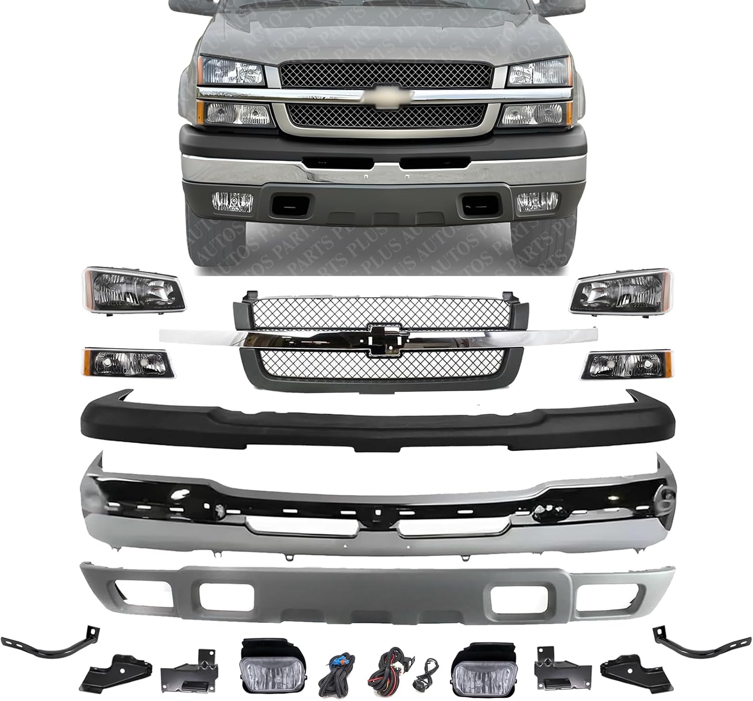 Front Bumper Chrome + Grille + Upper Cover + Lower Valance Textured + Brackets + Headlights + Fog Lamps Left & Right Direct Replacement Compatible With 2003-2006 Chevy Silverado 1500