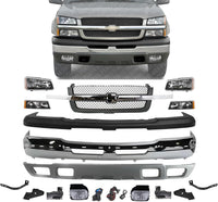 Front Bumper Chrome + Grille + Upper Cover + Lower Valance Textured + Brackets + Headlights + Fog Lamps Left & Right Direct Replacement Compatible With 2003-2006 Chevy Silverado 1500