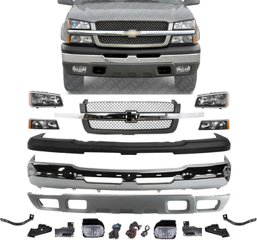 Front Bumper Chrome + Grille + Upper Cover + Lower Valance Textured + Brackets + Headlights + Fog Lamps Left & Right Direct Replacement Compatible With 2003-2006 Chevy Silverado 1500