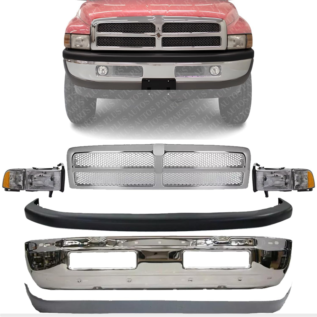 Front Bumper + Grille Chrome + Upper & lower Cover Textured + Head Lights Left And Right Side Direct Replacement Compatible With 1994-2001 Dodge Ram 1500/1994-2002 2500 3500