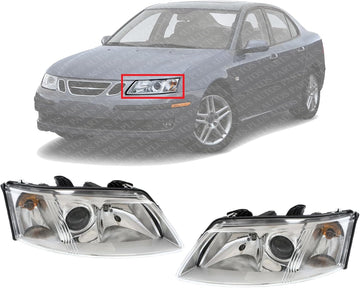 Set Of 2 Front Head Light Assembly Halogen Right Passenger And Left Driver Side Direct Replacement Compatible With 2003-2007 Saab 9-3 SB2502109 SB2503109 12799348 12799352