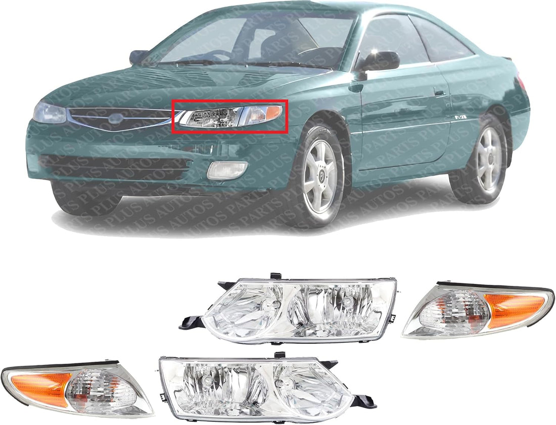 Front Head Lights Assembly + Corner Lamps Plastic Left Driver & Right Passenger Side Direct Replacement Compatible With 2002-2003 Toyota Solara TO2503145 TO2502145 TO2520166 TO2521166