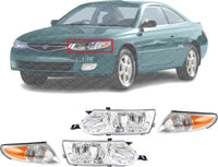 Front Head Lights Assembly + Corner Lamps Plastic Left Driver & Right Passenger Side Direct Replacement Compatible With 2002-2003 Toyota Solara TO2503145 TO2502145 TO2520166 TO2521166