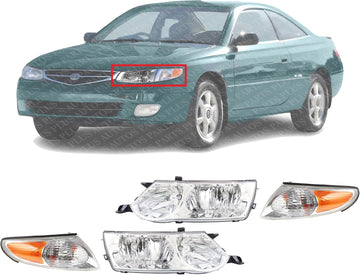 Front Head Lights Assembly + Corner Lamps Plastic Left Driver & Right Passenger Side Direct Replacement Compatible With 2002-2003 Toyota Solara TO2503145 TO2502145 TO2520166 TO2521166