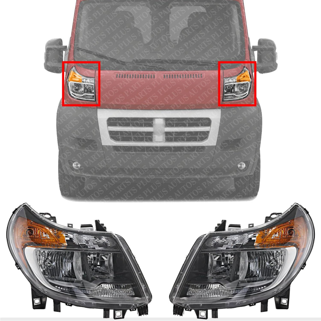 AUTOS PARTS PLUS Set Of 2 Front Headlight Assembly Right Passenger & Left Driver Side Direct Replacement Compatible With Ram ProMaster 1500 2500 3500 2014-2022 CH2503291 CH2502291 68154588AL