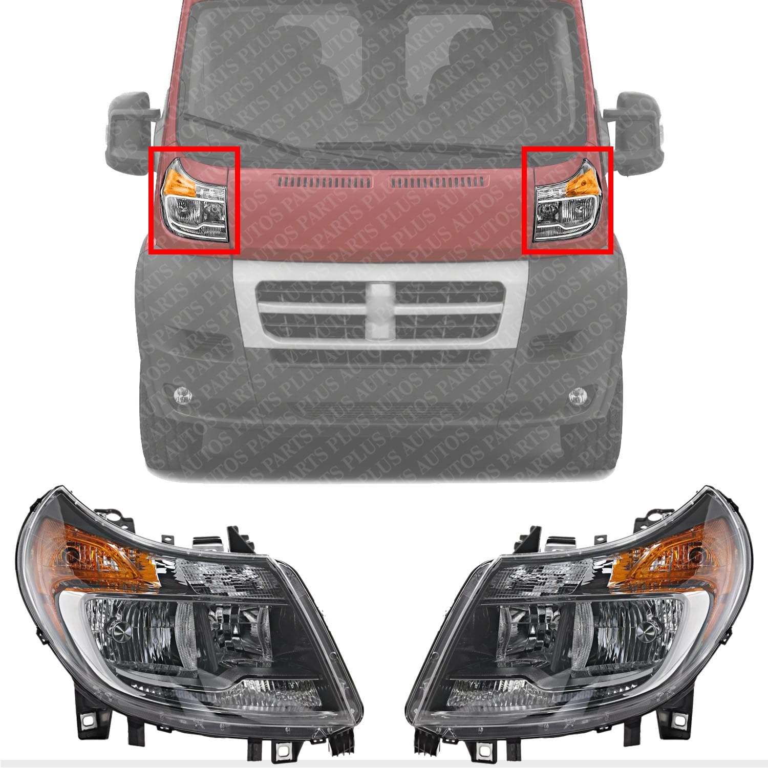 AUTOS PARTS PLUS Set Of 2 Front Headlight Assembly Right Passenger & Left Driver Side Direct Replacement Compatible With Ram ProMaster 1500 2500 3500 2014-2022 CH2503291 CH2502291 68154588AL