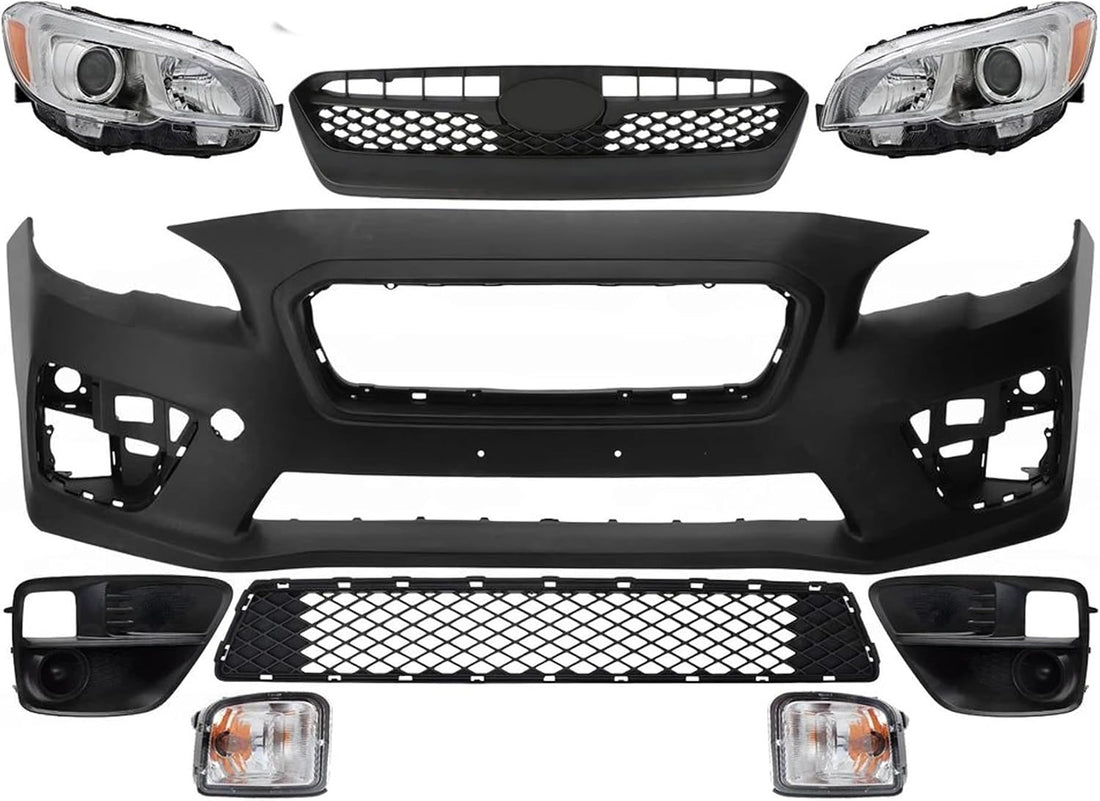 Front Bumper Cover Primed Plastic + Upper & Lower Grille + Headlight + Fog Lights Cover + Signal Lamp Left & Right Side Direct Replacement Compatible With 2015-2017 Subaru WRX
