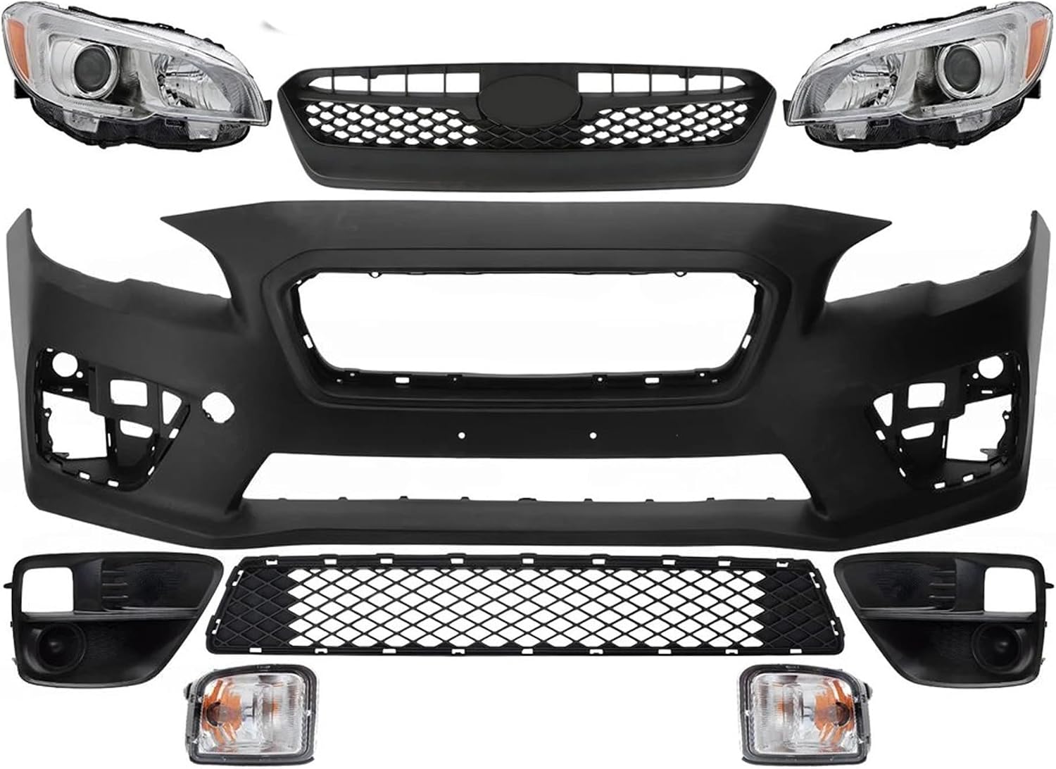Front Bumper Cover Primed Plastic + Upper & Lower Grille + Headlight + Fog Lights Cover + Signal Lamp Left & Right Side Direct Replacement Compatible With 2015-2017 Subaru WRX