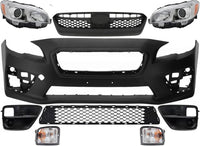 Front Bumper Cover Primed Plastic + Upper & Lower Grille + Headlight + Fog Lights Cover + Signal Lamp Left & Right Side Direct Replacement Compatible With 2015-2017 Subaru WRX