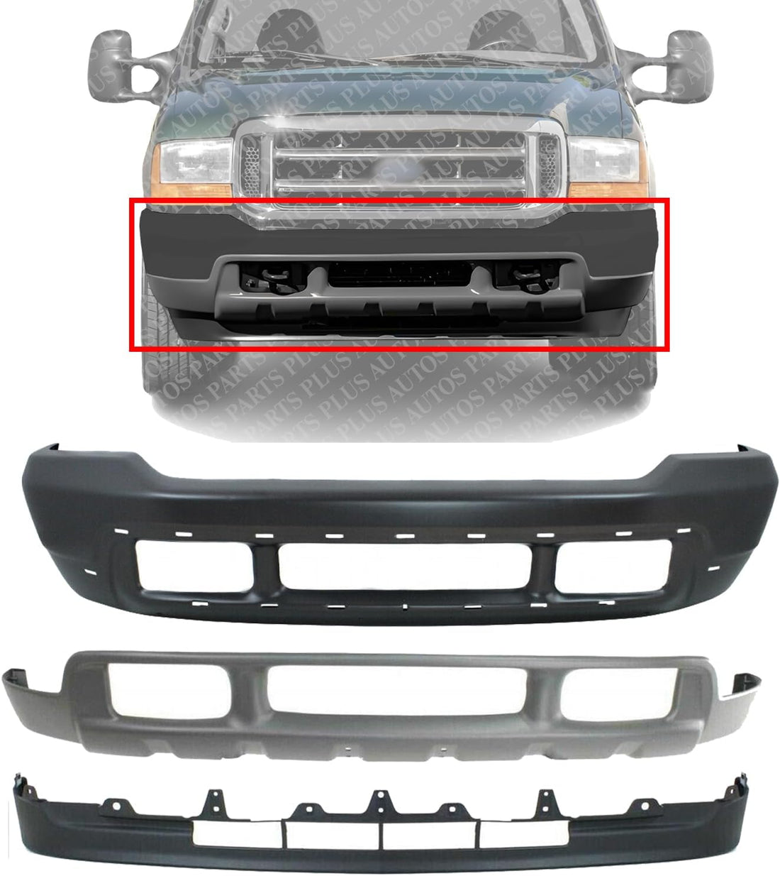 Front Bumper Primed Steel + Upper & Lower Valance Textured Direct Replacement Compatible With 2001-2004 Ford F-Series Super Duty/Excursion FO1002376 FO1095176 FO1095203 1C3Z17757PAA