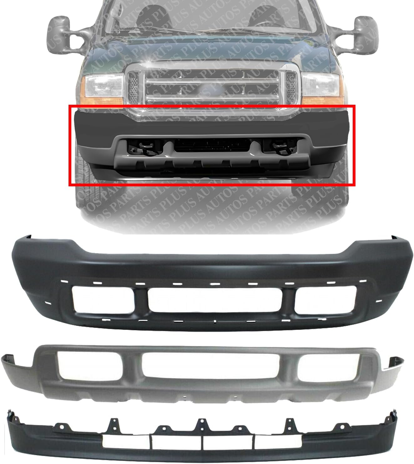 Front Bumper Primed Steel + Upper & Lower Valance Textured Direct Replacement Compatible With 2001-2004 Ford F-Series Super Duty/Excursion FO1002376 FO1095176 FO1095203 1C3Z17757PAA