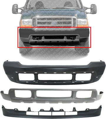 Front Bumper Primed Steel + Upper & Lower Valance Textured Direct Replacement Compatible With 2001-2004 Ford F-Series Super Duty/Excursion FO1002376 FO1095176 FO1095203 1C3Z17757PAA
