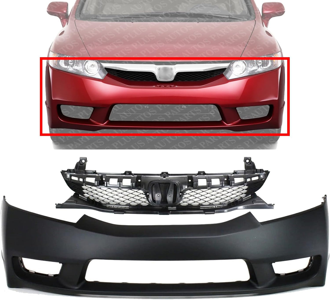 Front Bumper Cover + Grille Primed Shell and Insert Plastic Direct Replacement Compatible With 2009-2011 Honda Civic HO1000266 HO1200198 04711SNAA90ZZ 71121SNAA50