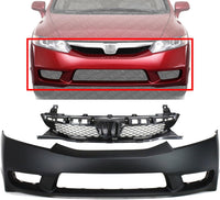 Front Bumper Cover + Grille Primed Shell and Insert Plastic Direct Replacement Compatible With 2009-2011 Honda Civic HO1000266 HO1200198 04711SNAA90ZZ 71121SNAA50