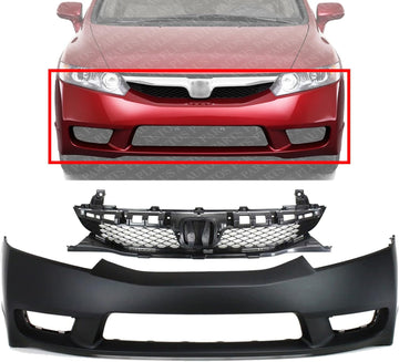 Front Bumper Cover + Grille Primed Shell and Insert Plastic Direct Replacement Compatible With 2009-2011 Honda Civic HO1000266 HO1200198 04711SNAA90ZZ 71121SNAA50