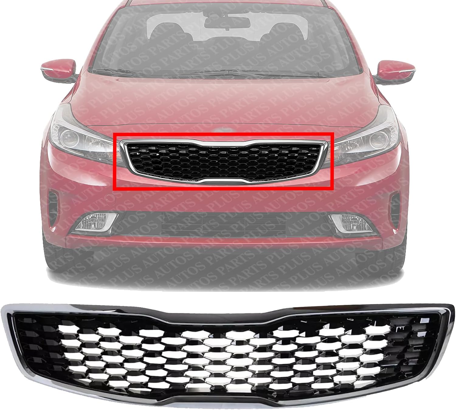Front Grille Primed Shell And Insert Plastic With Chrome Frame Direct Replacement Compatible With 2017-2018 Kia Forte KI1200191 86350B0010