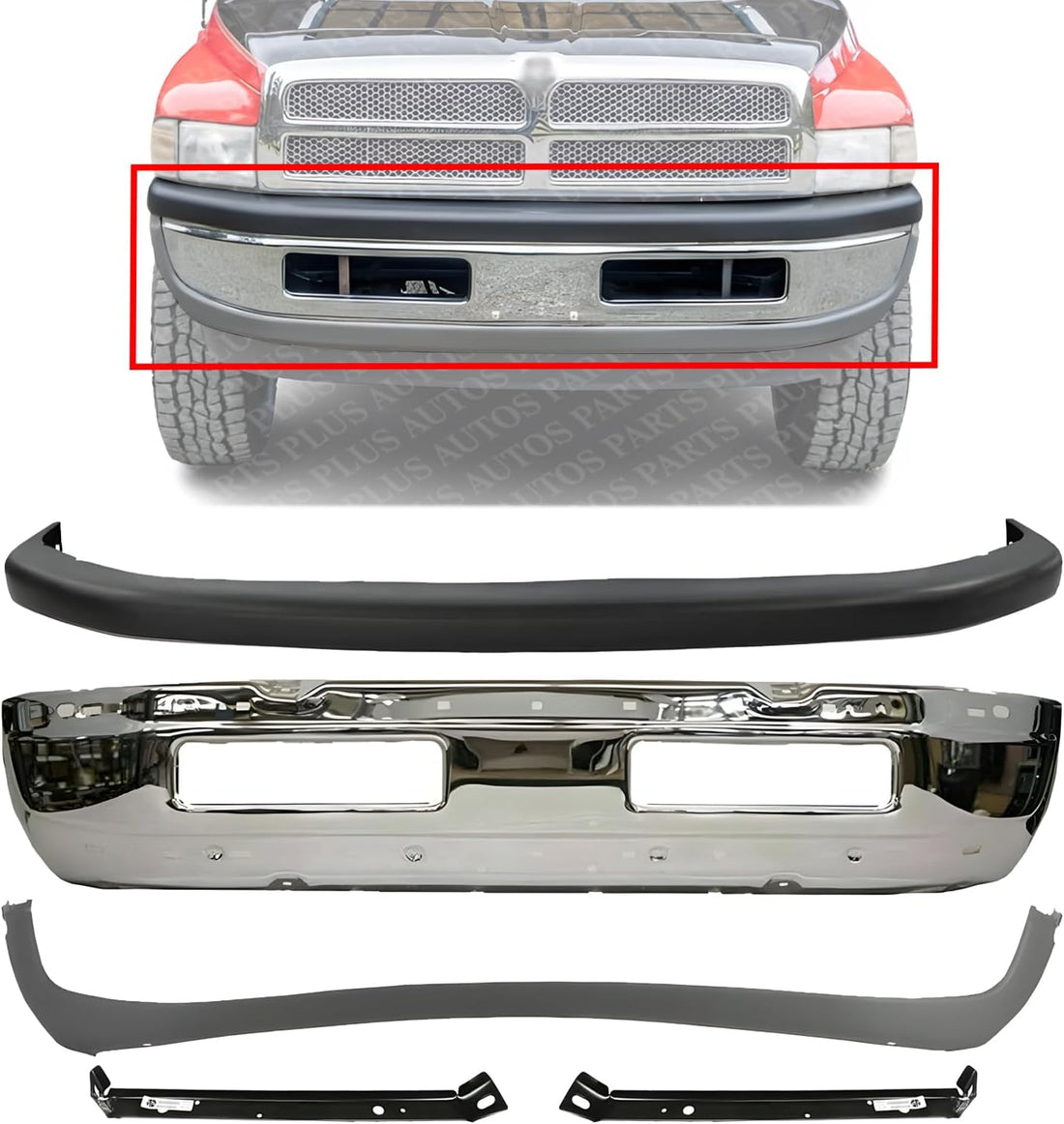 Front Bumper Chrome + Upper Cover + Lower Valance + Outer Mounting Brackets Right & Left Side Direct Replacement Compatible With 94-01 Dodge Ram 1500/94-02 2500 3500 CH1000232