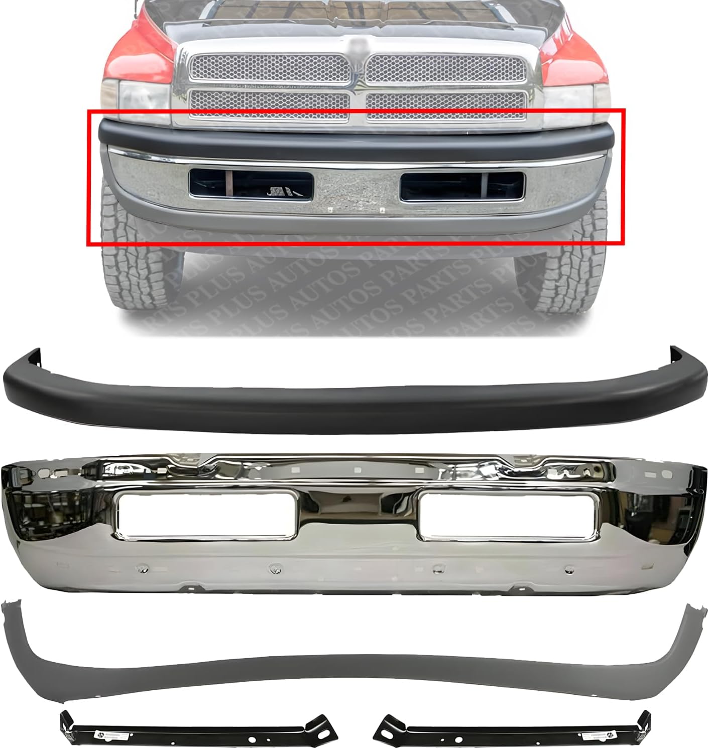Front Bumper Chrome + Upper Cover + Lower Valance + Outer Mounting Brackets Right & Left Side Direct Replacement Compatible With 94-01 Dodge Ram 1500/94-02 2500 3500 CH1000232