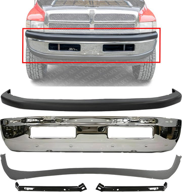 Front Bumper Chrome + Upper Cover + Lower Valance + Outer Mounting Brackets Right & Left Side Direct Replacement Compatible With 94-01 Dodge Ram 1500/94-02 2500 3500 CH1000232