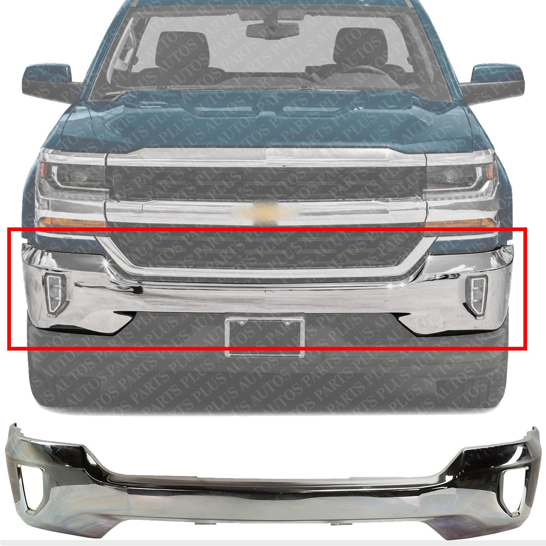 Front Bumper Face Bar Chrome Steel With Fog Light Holes Direct Replacement Compatible With 2016-2018 Chevrolet Silverado 1500/2019 LD GM1002861 84029801-PFM