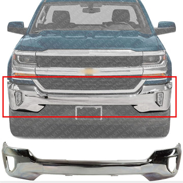 Front Bumper Face Bar Chrome Steel With Fog Light Holes Direct Replacement Compatible With 2016-2018 Chevrolet Silverado 1500/2019 LD GM1002861 84029801-PFM