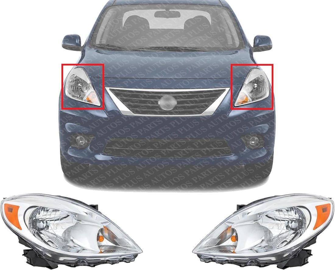 Set Of 2 Front Head Light Assembly Plastic Left Driver & Right Passenger Side Direct Replacement Compatible With 2012-2014 Nissan Versa NI2503207 NI2502207 260103AN0B 260603AN0B