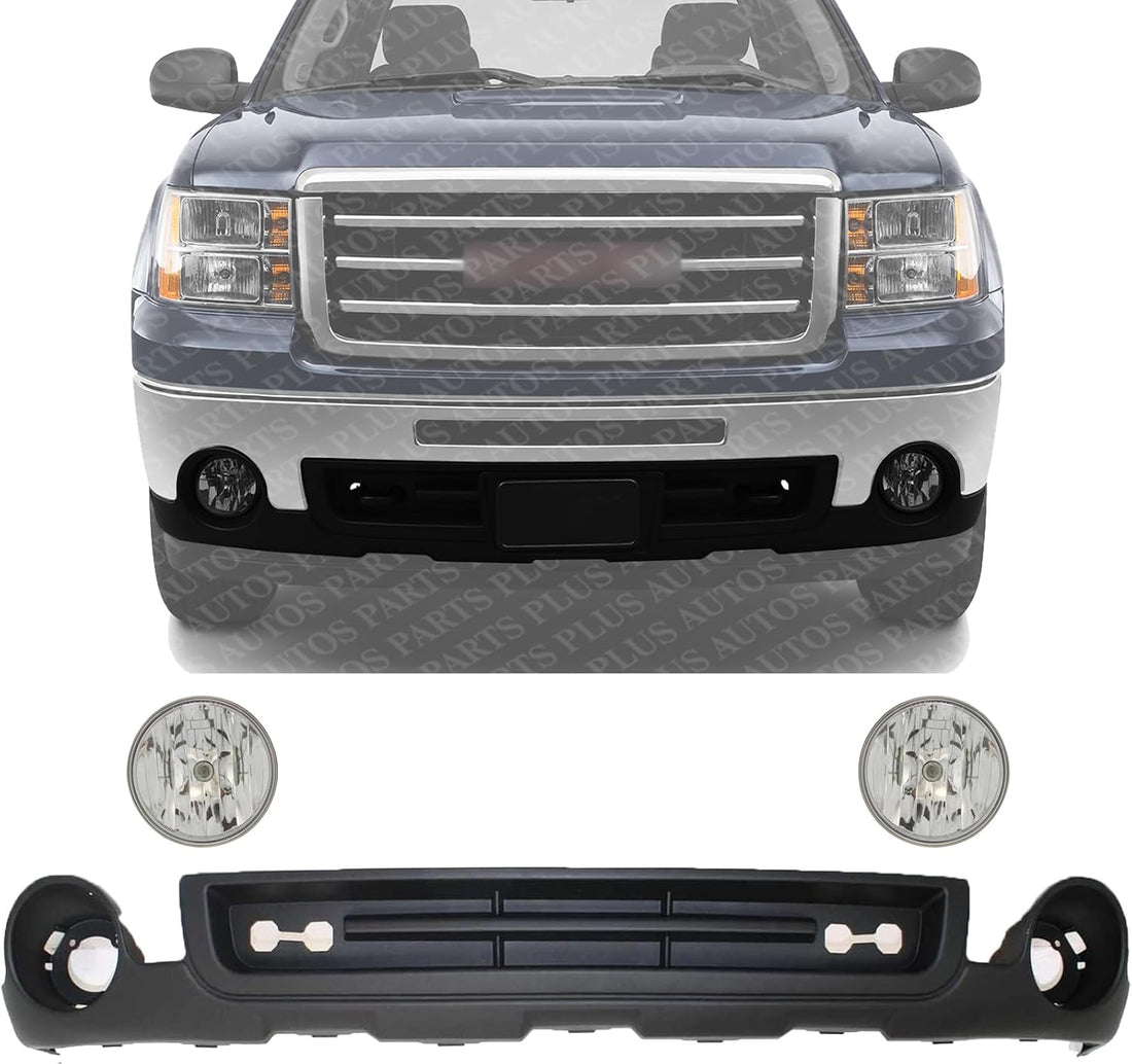 Front Bumper Lower Valance Air Deflector Textured + Fog Lamps Assembly Left Driver & Right Passenger Side Direct Replacement Compatible With 2007-2013 GMC Sierra 1500 GM1015100